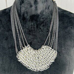 Silver Tone Chain Mail Bib Multi-Strand Necklace 20" Adjustable